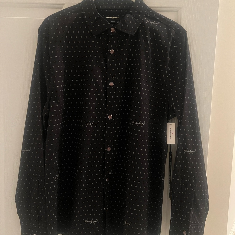 Black Casual Button Down Shirt with Polka Dot Pattern